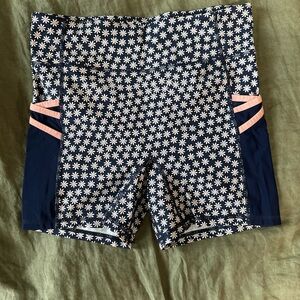 Fabletics Navy Floral High-Waist 4” Shorts with Pink Accents on Side Pockets
